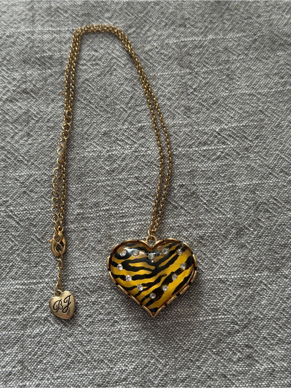Betsey Johnson Gold-Tone Heart Necklace with Yellow and Black Zebra Enamel Y2K